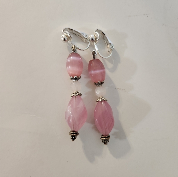 Hand Crafted Clip-on Earrings Pink Dangle Cat's Eye Quartz Beads - Picture 3 of 6
